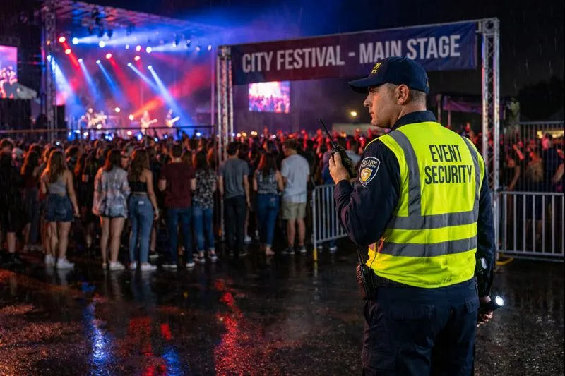 Event security personnel managing crowd at an outdoor event